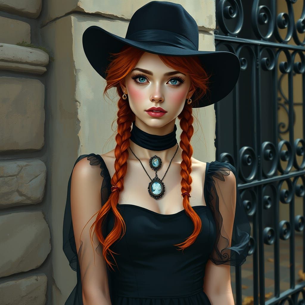 Gothic Woman with Red Braids in Autumn Light