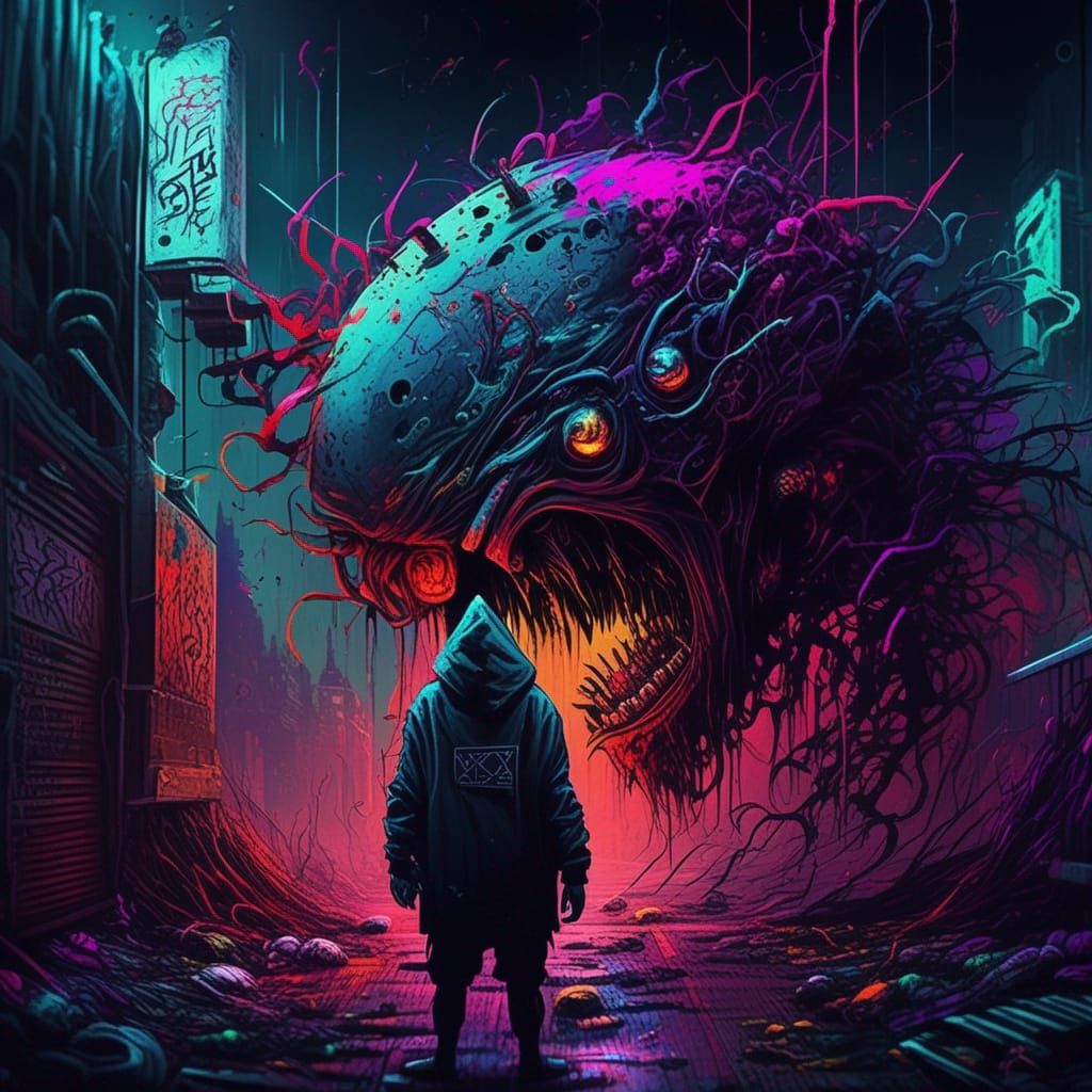Surreal Horror Graffiti Art in Cyberpunk Setting