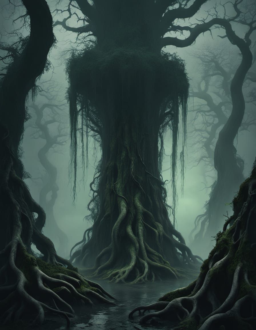 Sorceress in a Twisted, Nightmarish Landscape of Gnarled Roo...