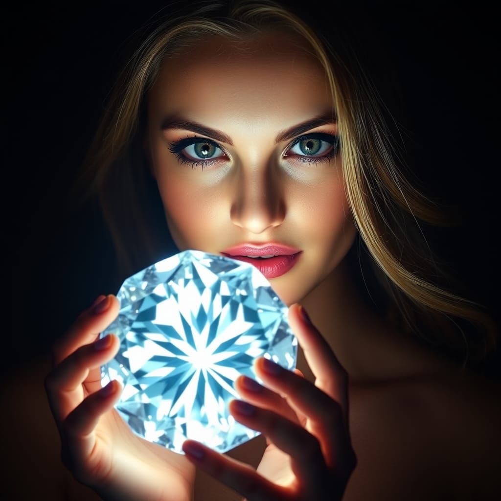 Woman Holding a Luminescent Diamond on Dark Background