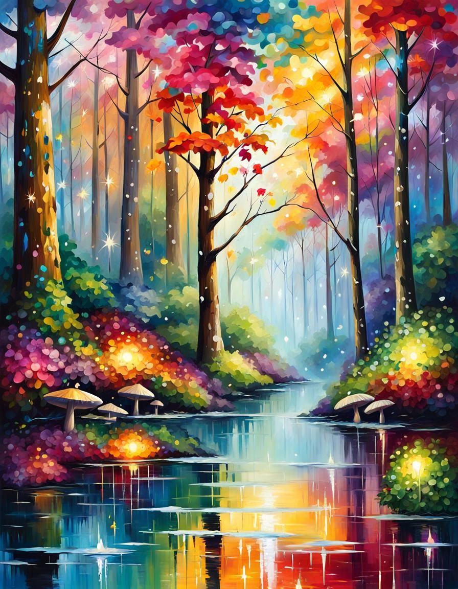 Sparkling Magical Mushroom Forest with Glittering Particles