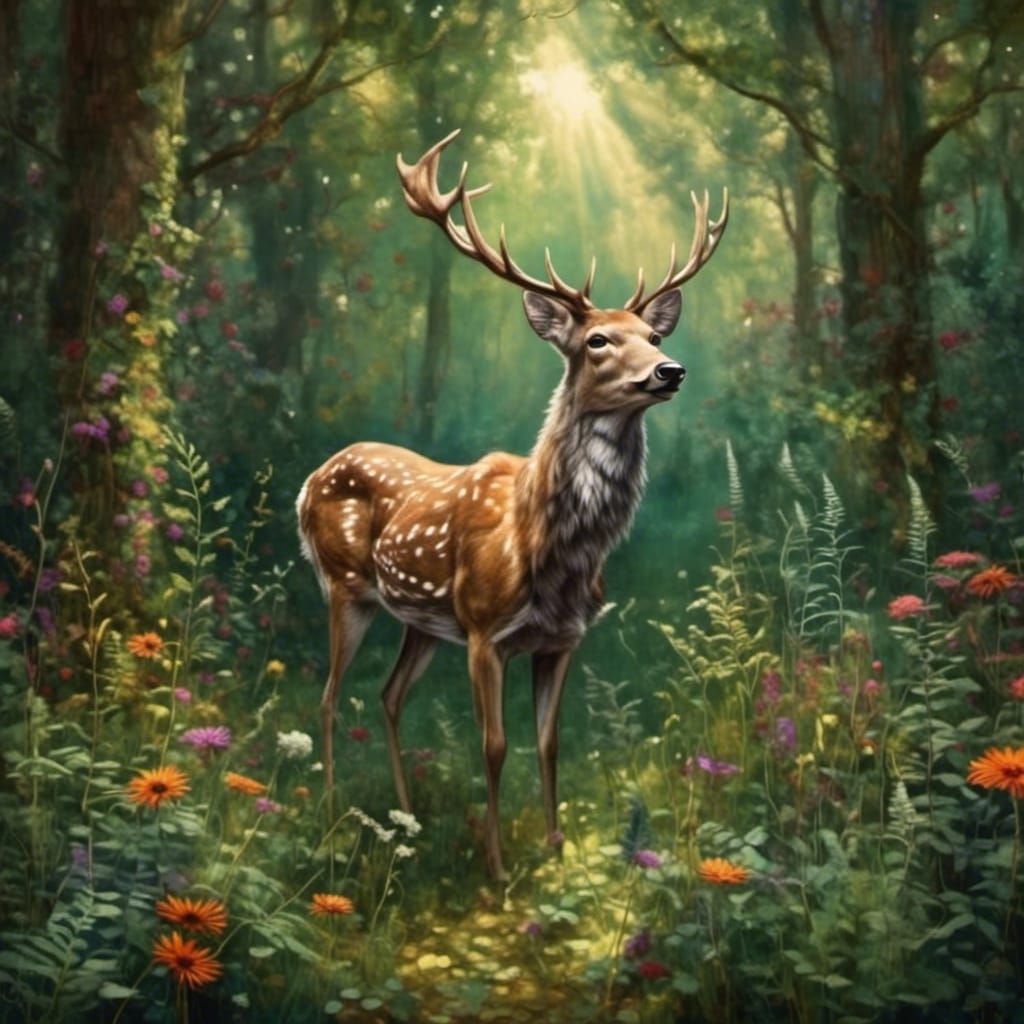 Deer in Sunlit Forest Glade
