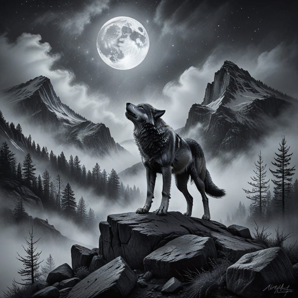 Nitram charcoal artistry, foggy mountain, (lone wolf:1.5), m...