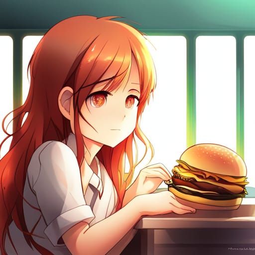 Anime Girl Enjoying a Burger in Diner