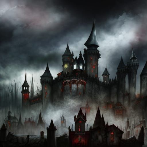 Post-Apocalyptic Dracula Theme Park: Detailed Digital Painti...