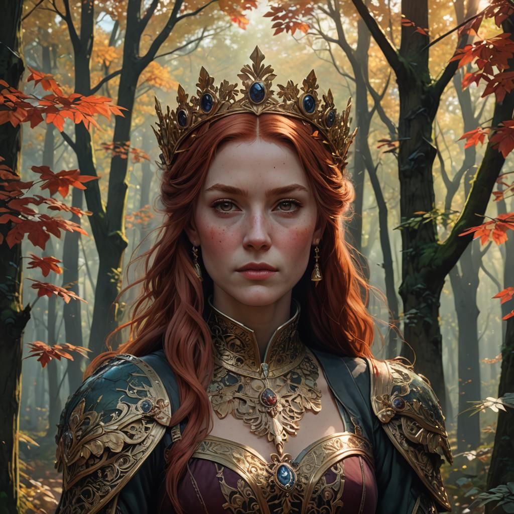 Queen Tudor Portrait in Forest, Detailed Art