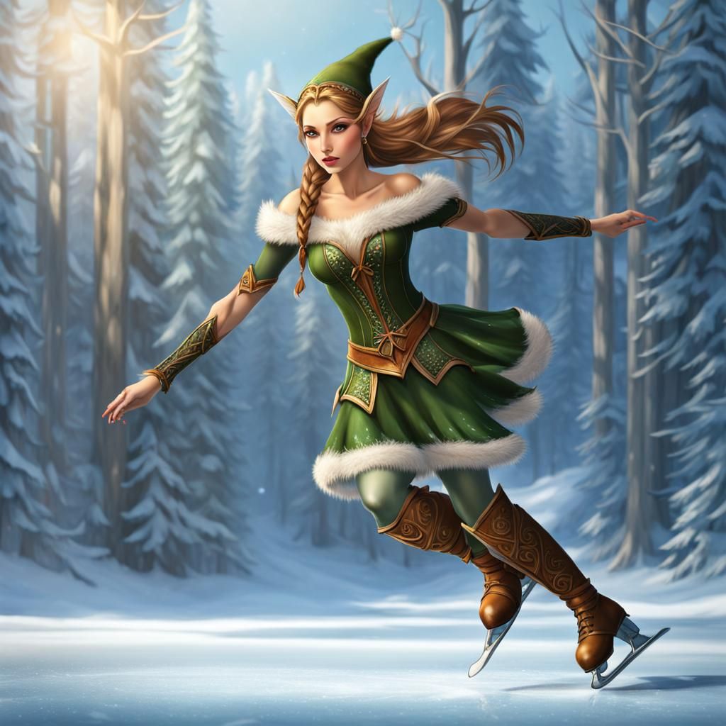 Elegant Wood-Elf Ice Skating Scene