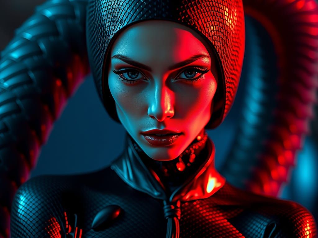 Enigmatic Woman in Blue to Scarlet Snakeskin Outfit