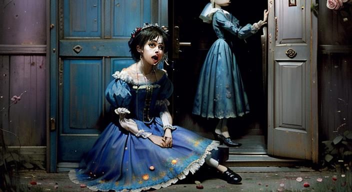 Eerie Fantasy Woman by Door in Gothic Style