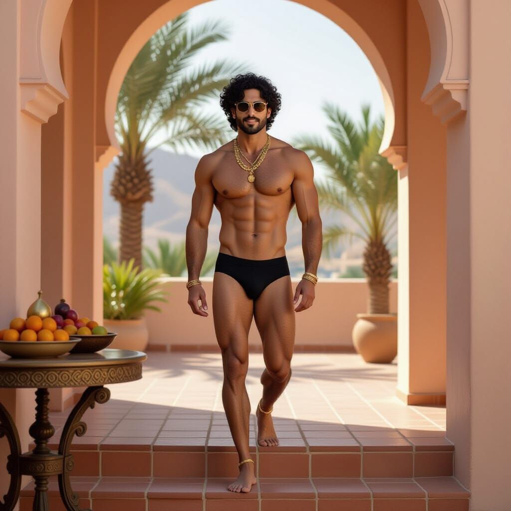 Middle Eastern Man on Arched Terrace in Photorealistic Style