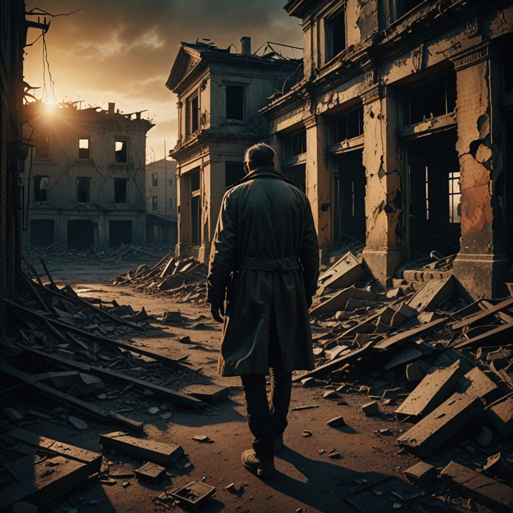 Eerie Oil Painting: Dead Man in Desolate City