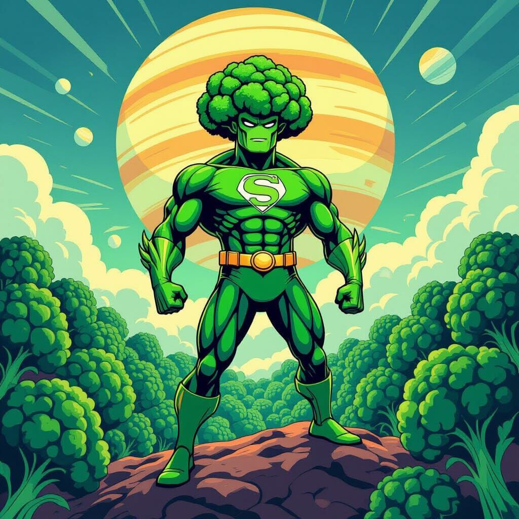 Broccoli Superhero Stands on Uranus in Comic Style