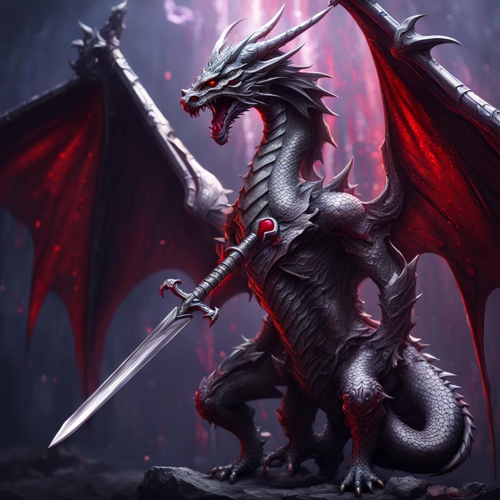 Silver Dragon Sword with the blade centered in a red heart dripping blood.