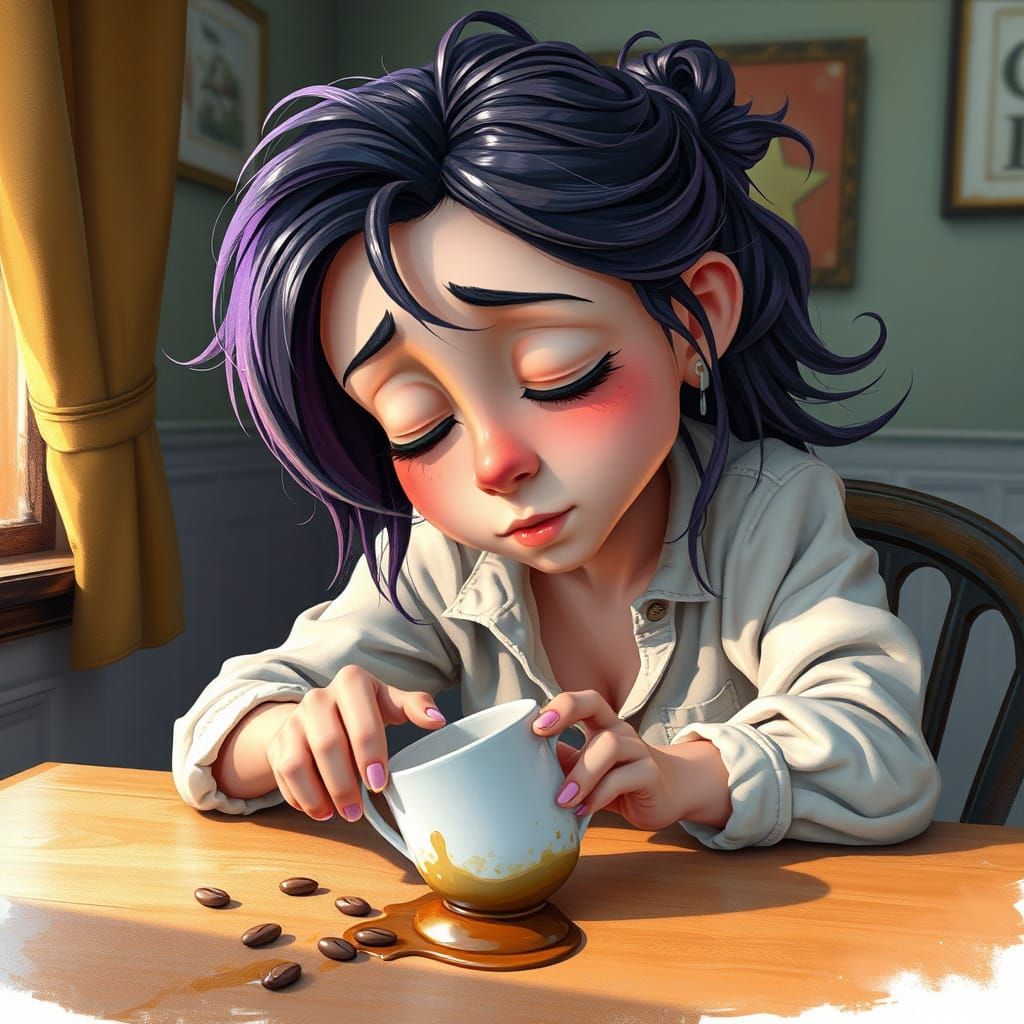 Sleepy Woman Knocks Over Coffee Cup in Surreal Morning Scene