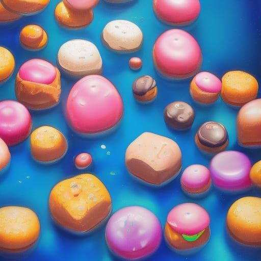 Donuts Floating in a Blue Pool, Hyperdetailed Digital Art