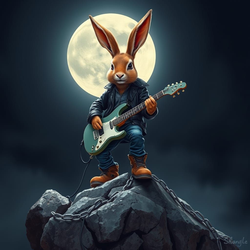 Rockstar Rabbit Shreds on Electric Guitar Under Full Moon