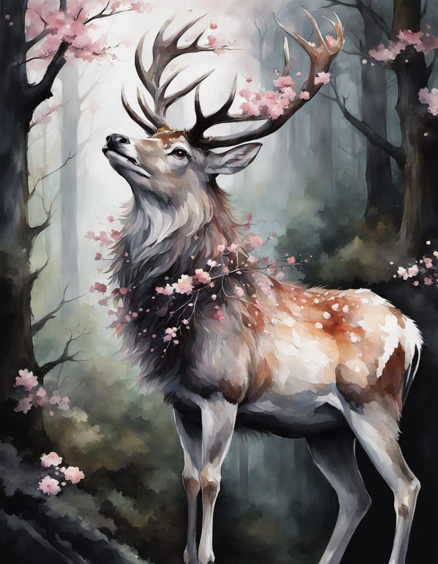 Stag with Cherry Blossom Antlers in Watercolor Style