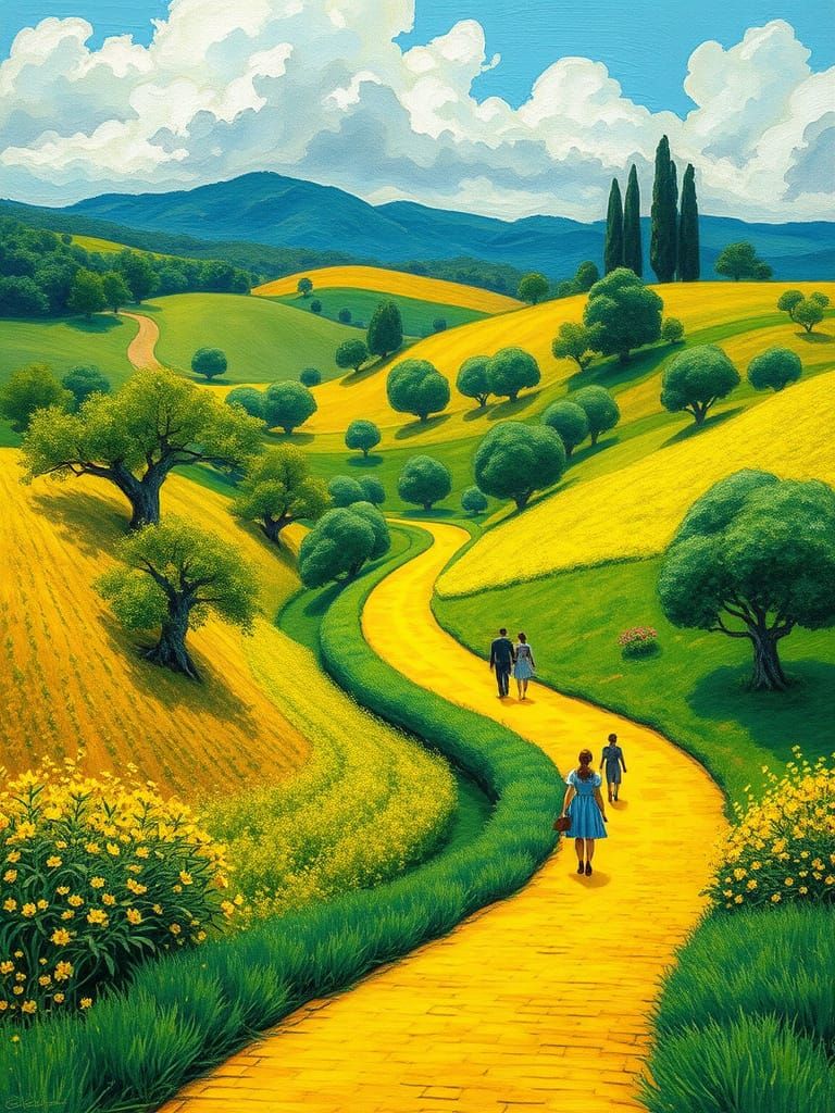 Emerald Hills and Yellow Brick Road, Gouache Style