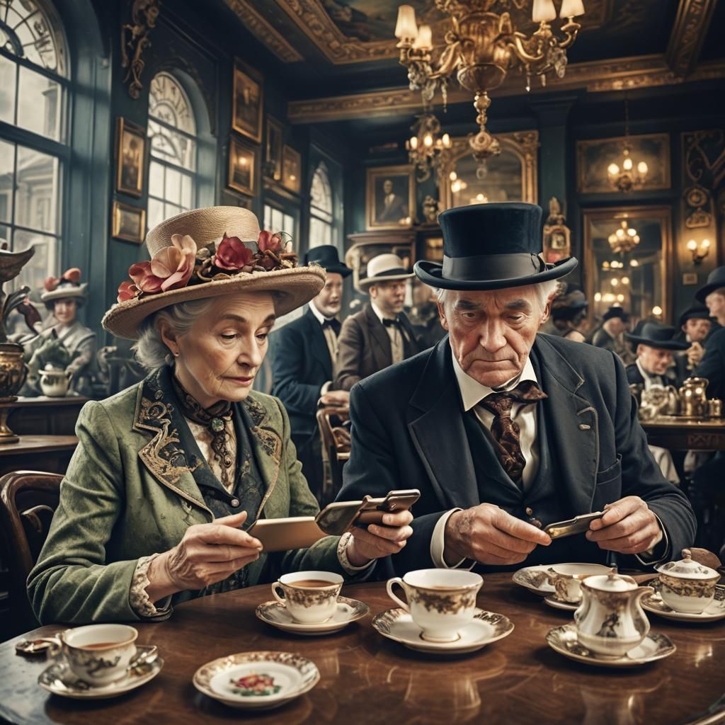 Victorian Couple Using Smartphone in Cafe