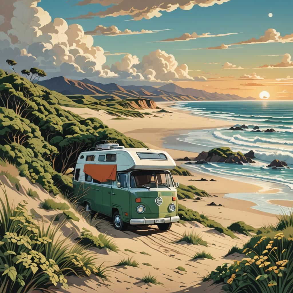 Beach Camper Van in Muted Pop Art Style