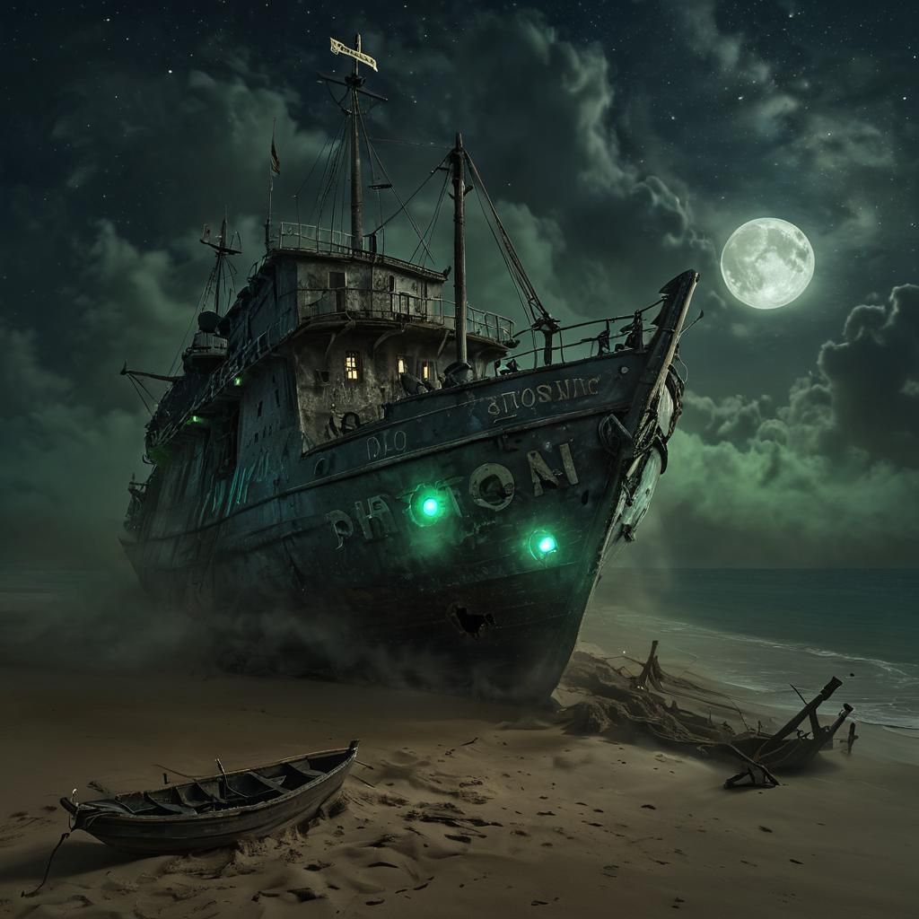 Ghostly Apparition Above Sunken Ship at Night