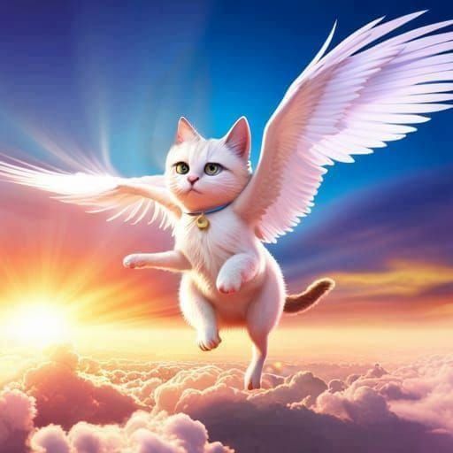 Winged Cat Soaring in Blue Sky: 3D Render
