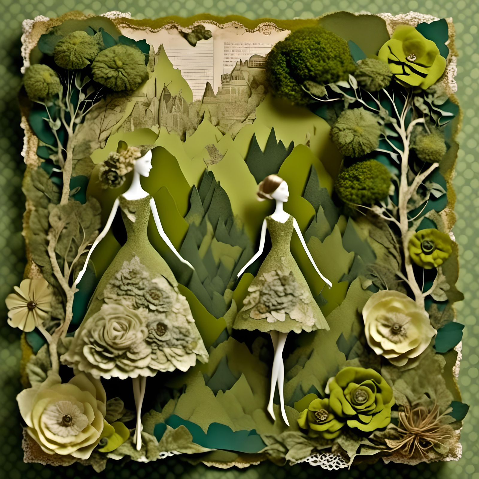 Whimsical Moss Princesses Collage Illustration