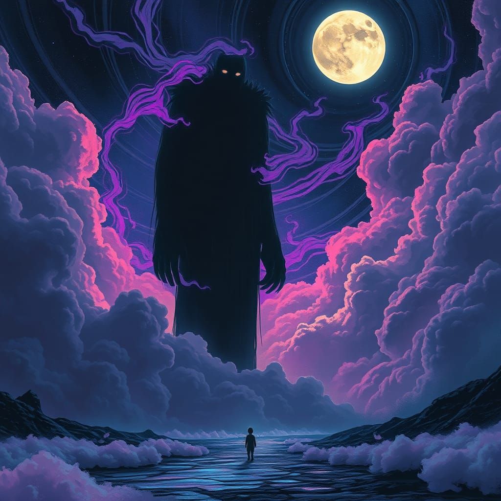 Cosmic Dreamscape: Giant and Child in Dark Fantasy Art