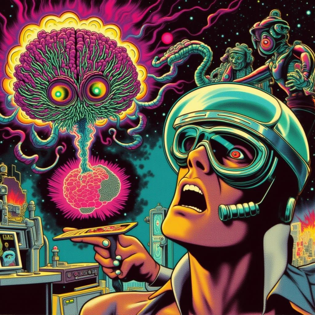 Man Gazes at Floating Brain Hologram with AR Goggles