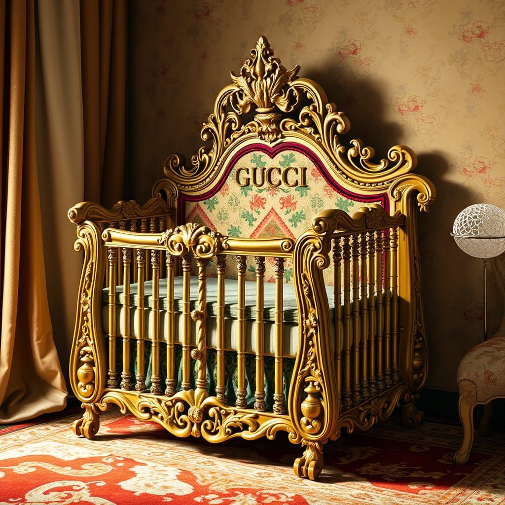 Luxurious Gucci-Inspired Baby Crib with Bold, Eclectic Patte...
