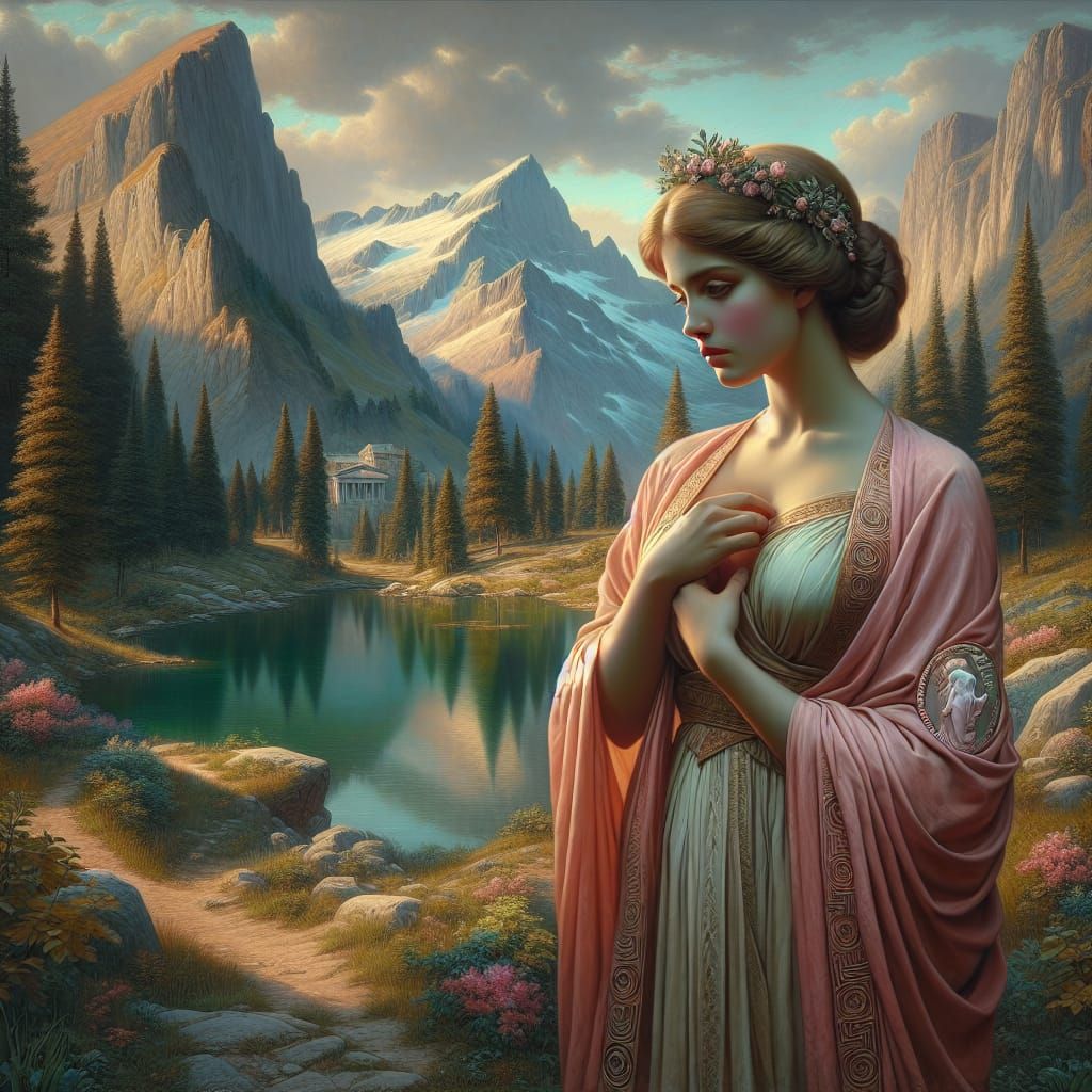 Greek Nymph at Alpine Pond in Romantic Style