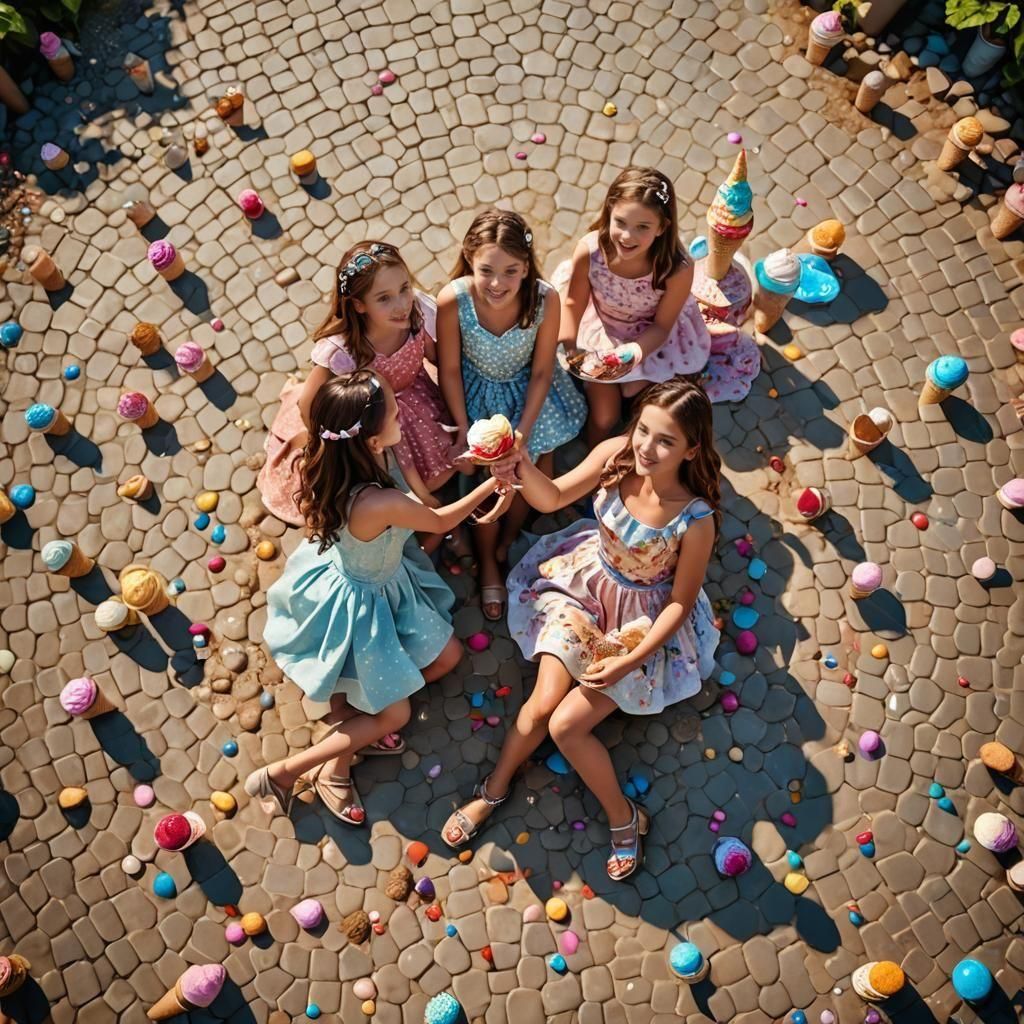 Sunny Coastal Scene with People in Summer Dresses