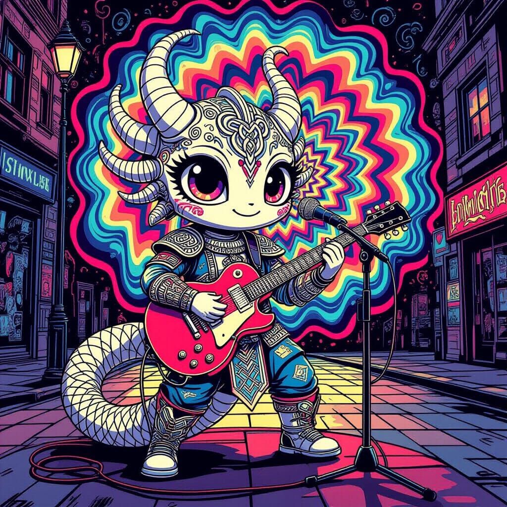 Chibi Jörmungandr Plays Guitar in Cubist Fantasy