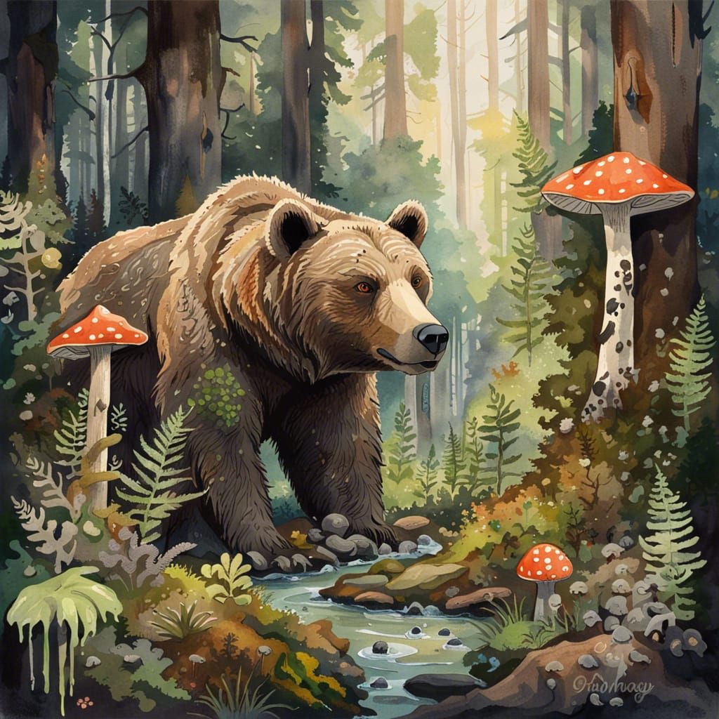 Brown Bear in Dark Fantasy Cottagecore Forest