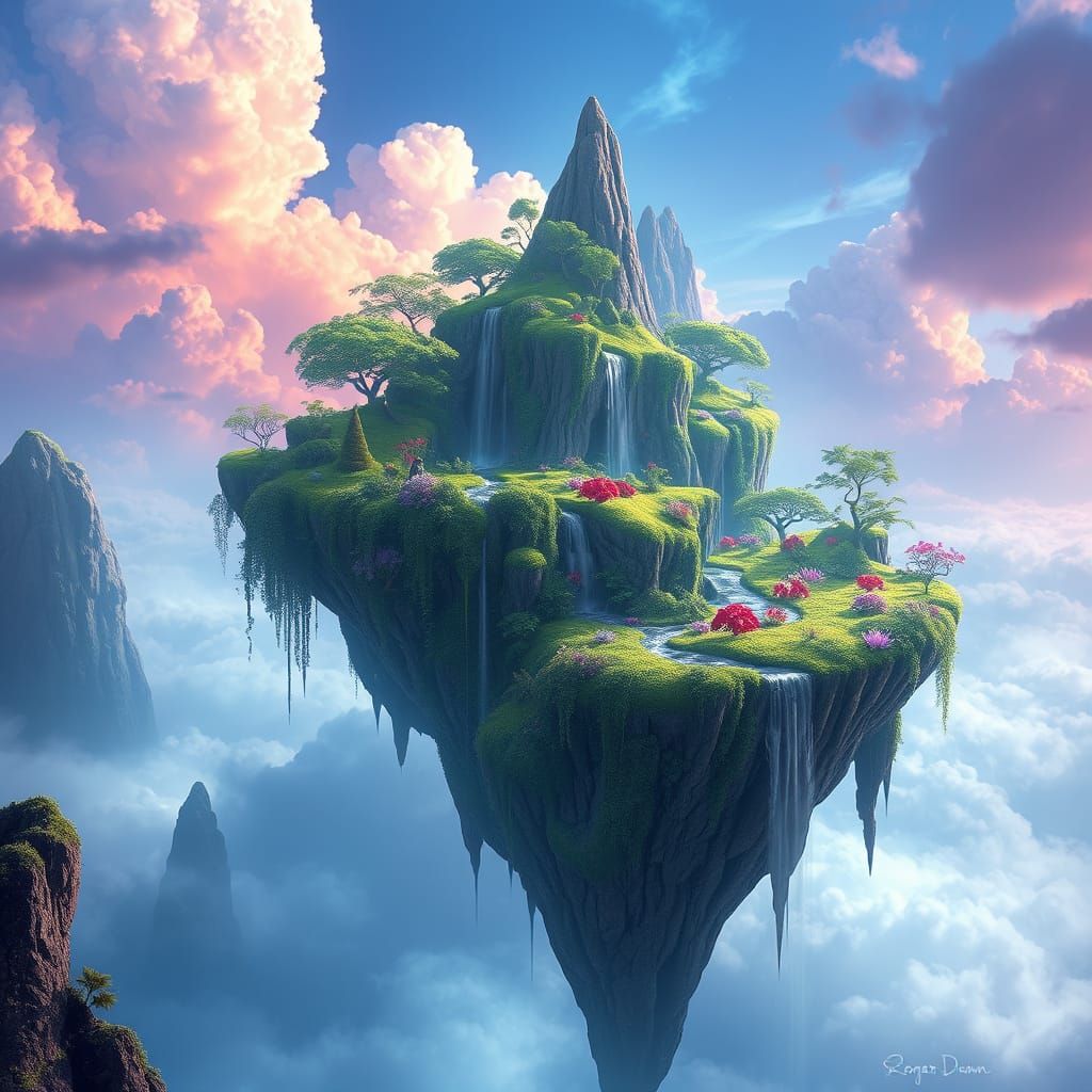 Surreal Floating Islands in a Vast, Misty Atmosphere with Dr...