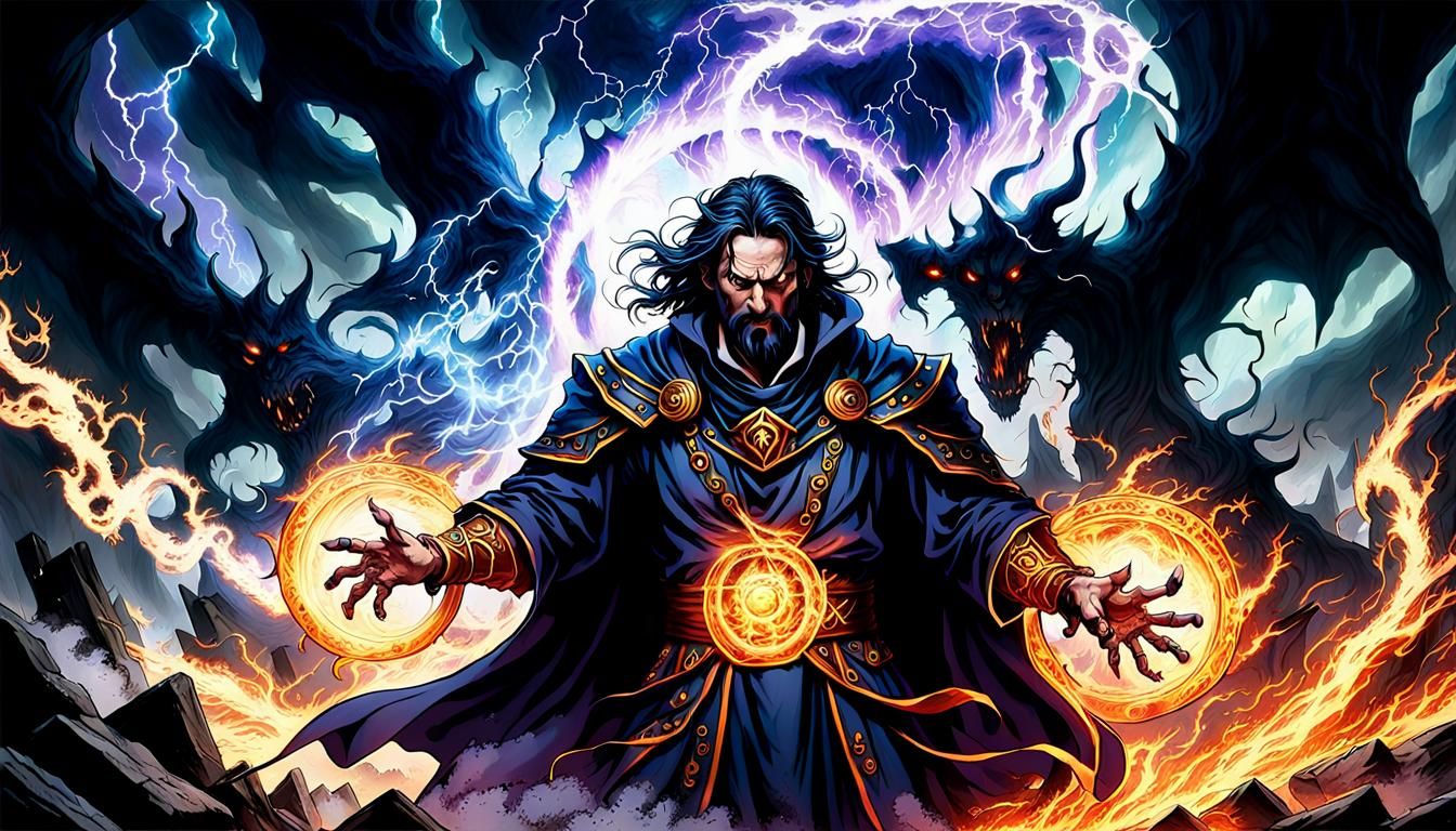 Wizard Battles Demons in Surrealist Style