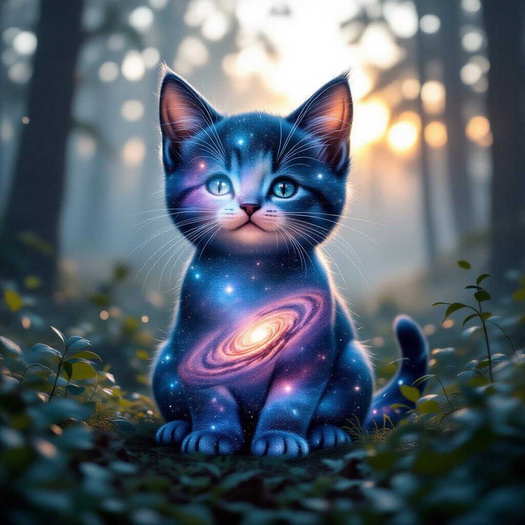 Galactic Glass Kitten in Misty Dawn Forest