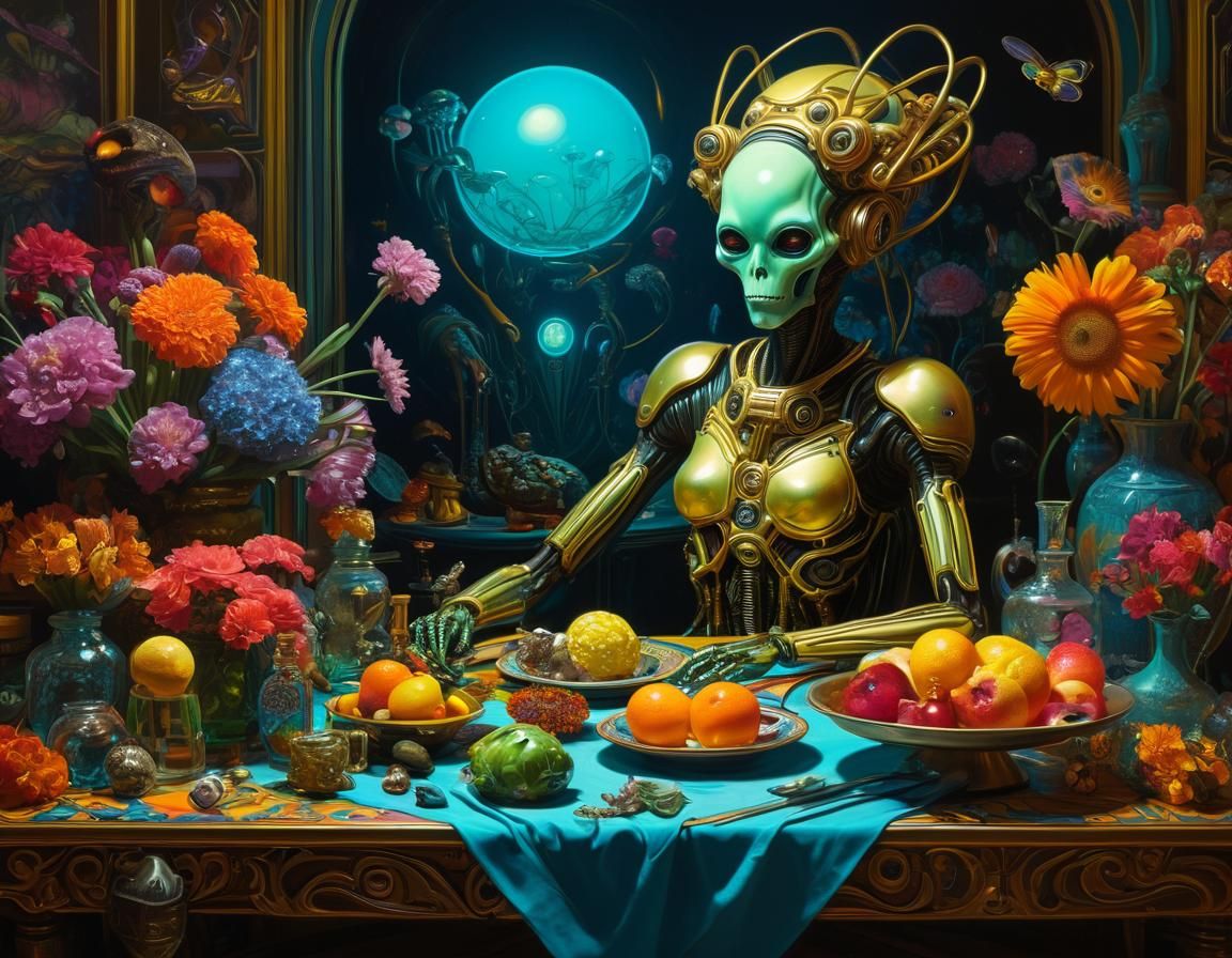 Sci-Fi Still Life: Alien Woman with Flowers