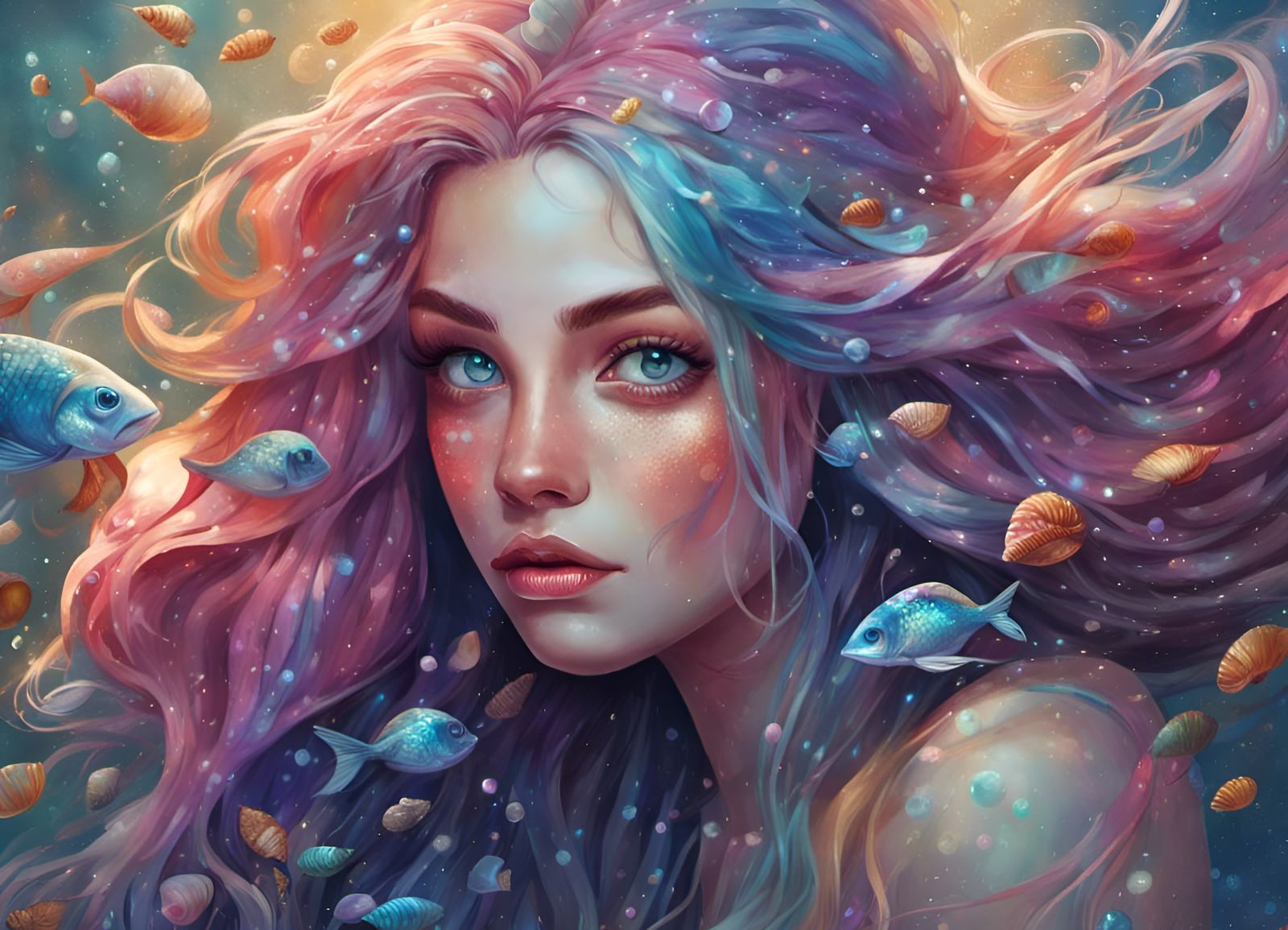 Rainbow Mermaid Portrait in Detailed Fantasy Style