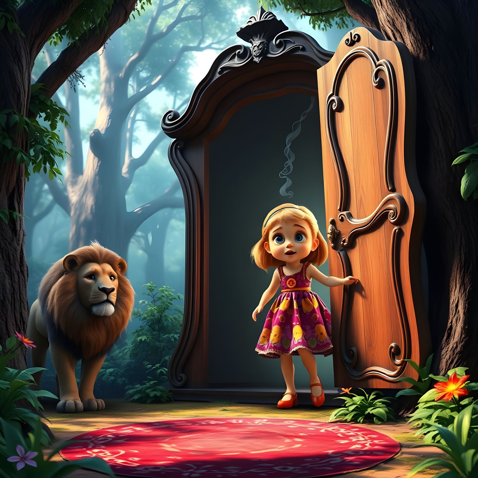 Girl Emerges from Wardrobe in Forest, 3D Art