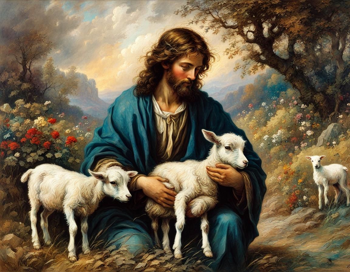 Jesus Christ Holding Lamb in Rackham Style