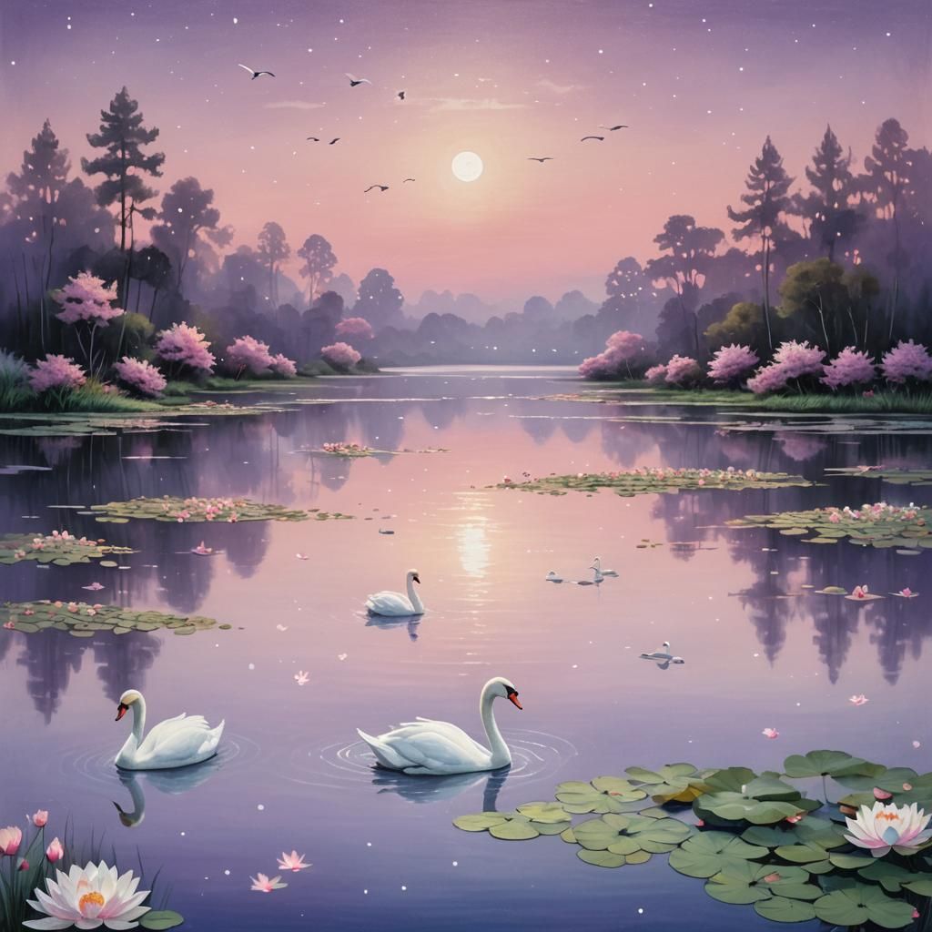 Twilight Lake with Swans in Impressionist Style