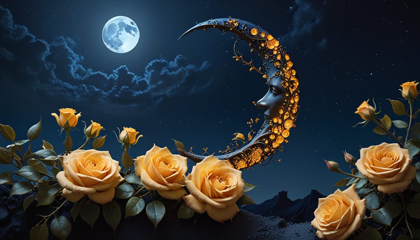 Floral Crescent Moon in Starry Sky: Romantic Poster