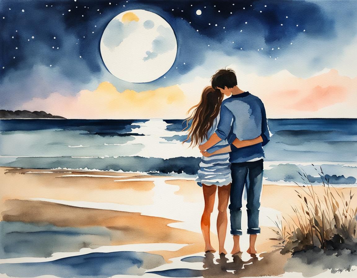 Romantic Teen Embrace in Watercolor Moonlight