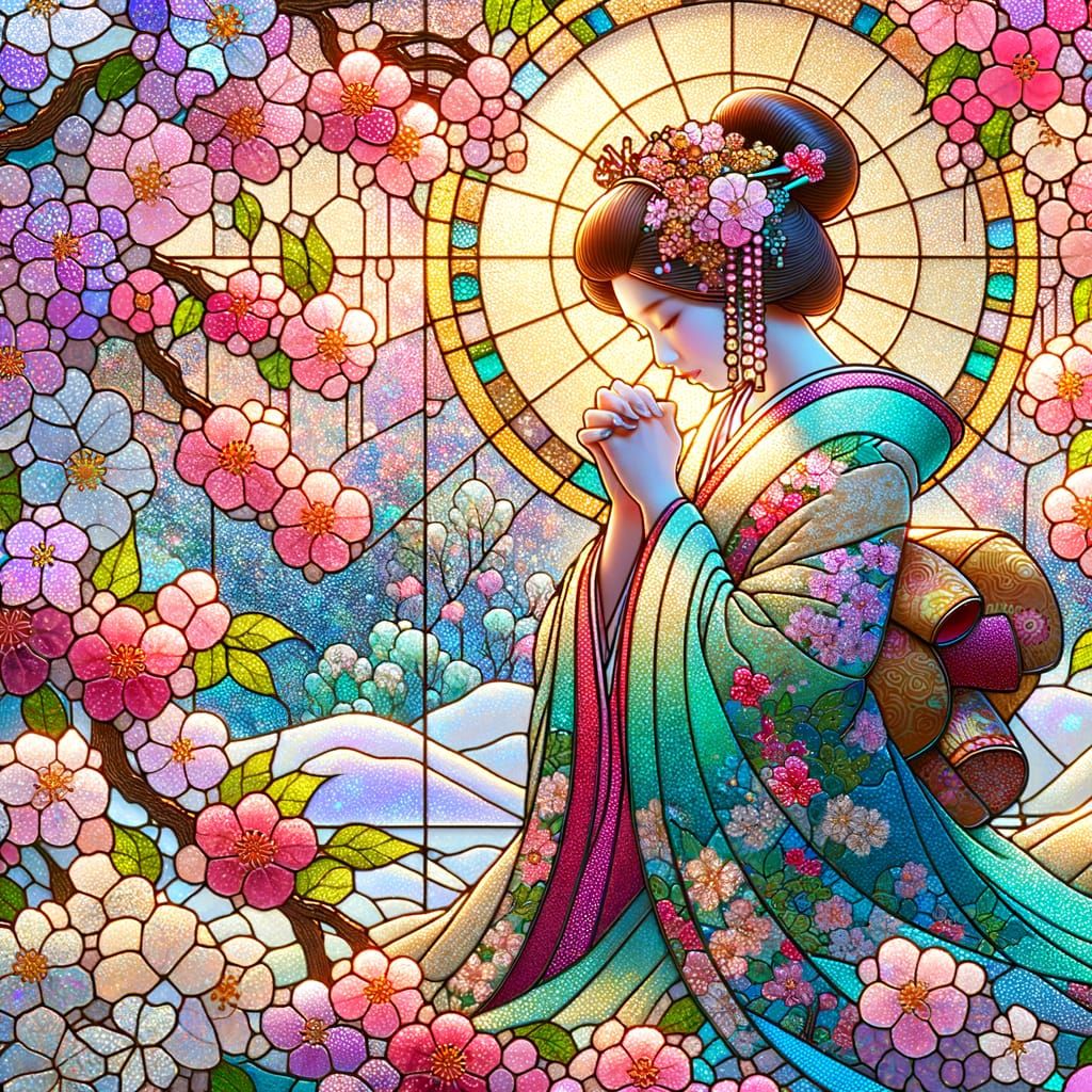 Japanese Courtesan Praying in Stained Glass Style