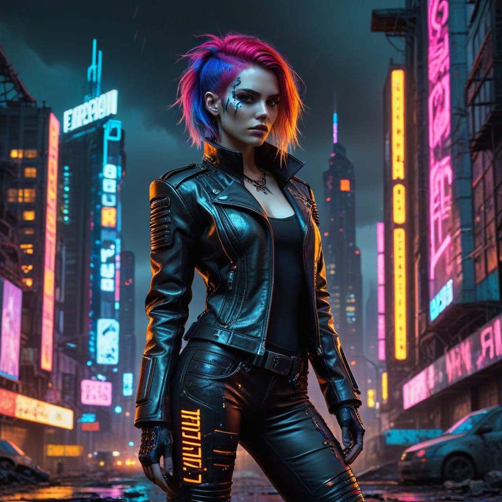 Neon-Painted Cyberpunk Beauty in Dystopian Skyscrapers