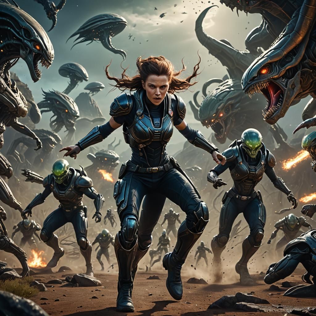 Leather-clad Heroine Battles Aliens: Detailed Matte Painting