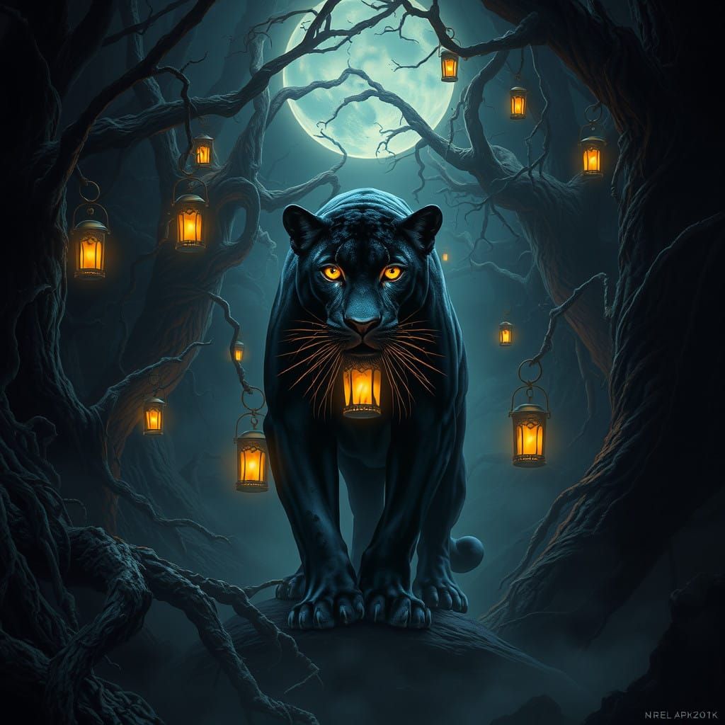Majestic Panther Amidst Ethereal Vines and Ancient Trees