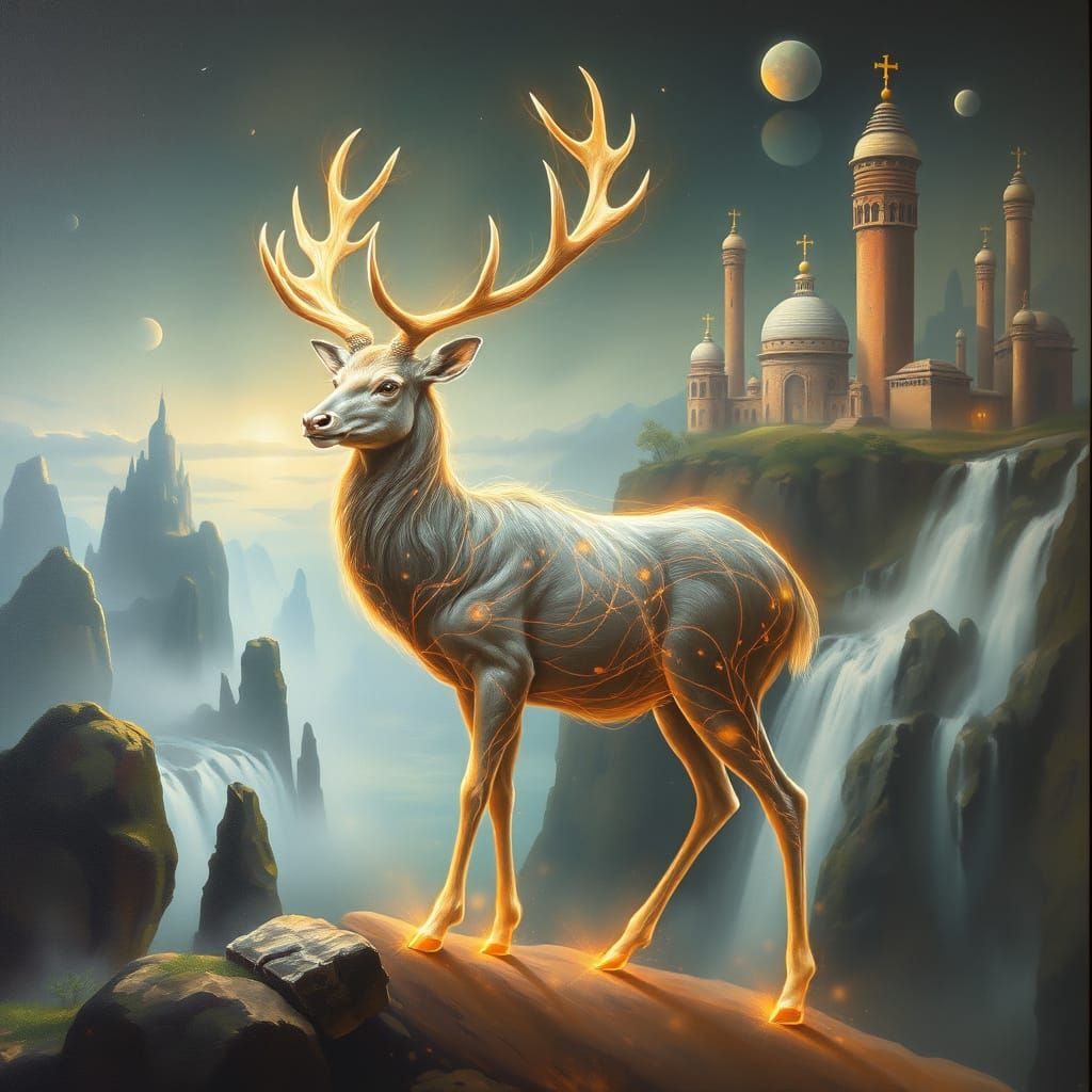 Ethereal Deer in Dreamlike Surrealist Landscape