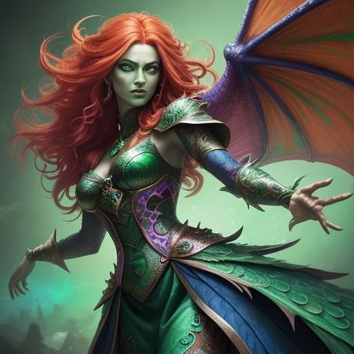 Dragon Woman with Peacock Feathers in Hyperrealistic Style